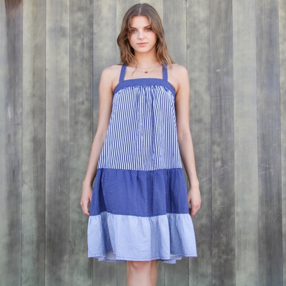 Vintage Handmade Blue Striped Flowy Halter Dress - Picture 2 of 8